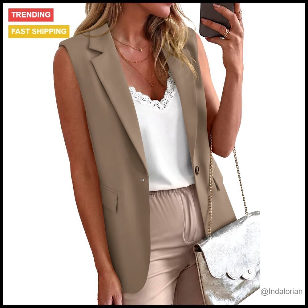 Sleeveless Blazer Vest Oversized Relaxed Fit Notched Lapel Button Closure Work